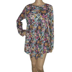 Jamby Tunic Top Womens Size Small Blue Pink Paisley Floral Print shirt Artzy